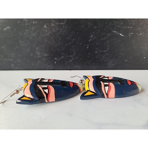 Painted Wooden Dangling Cat Face Earrings Vintage Costume Jewelry New Old Stock - Picture 4 of 10